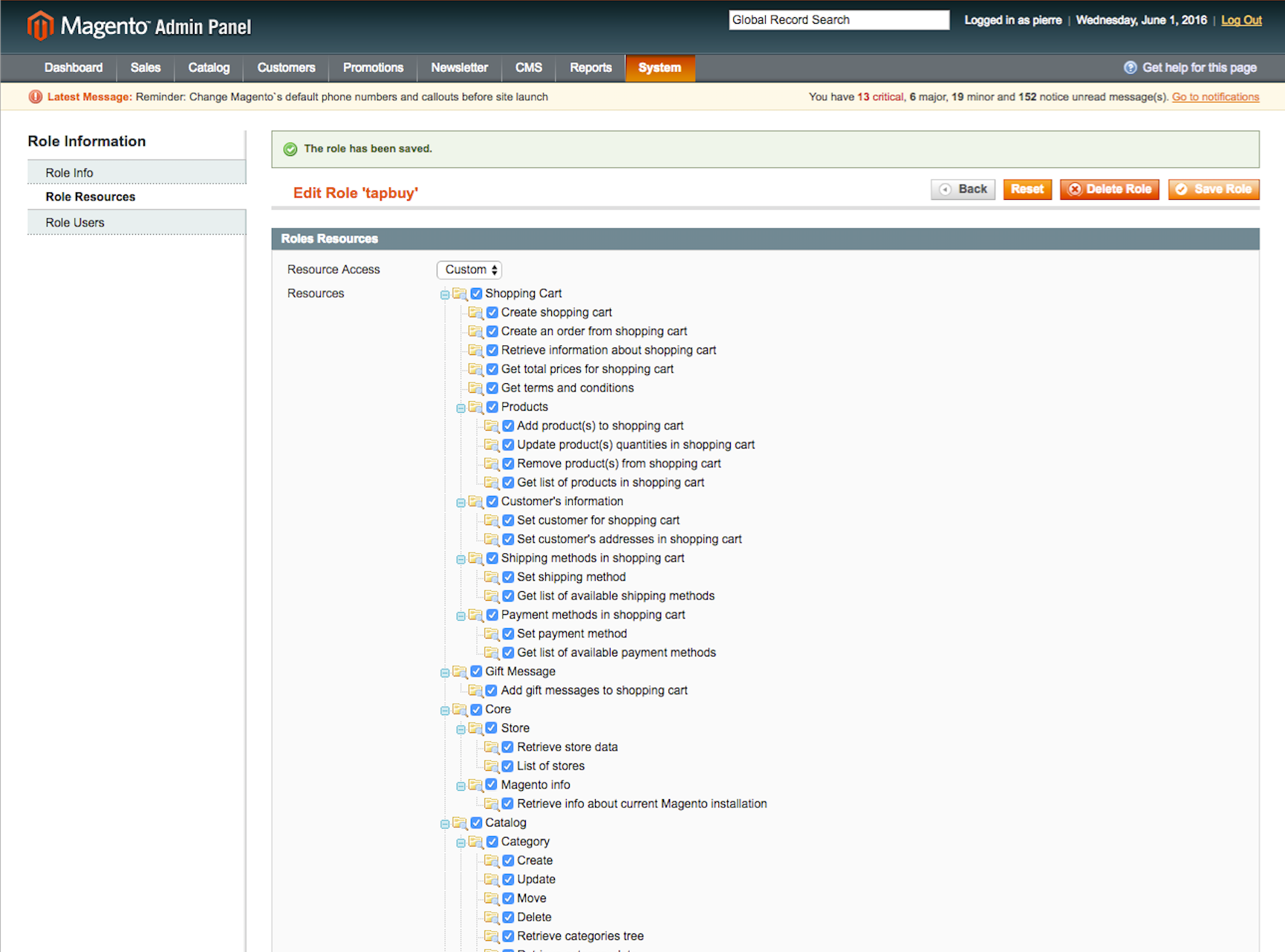 Magento role ressources